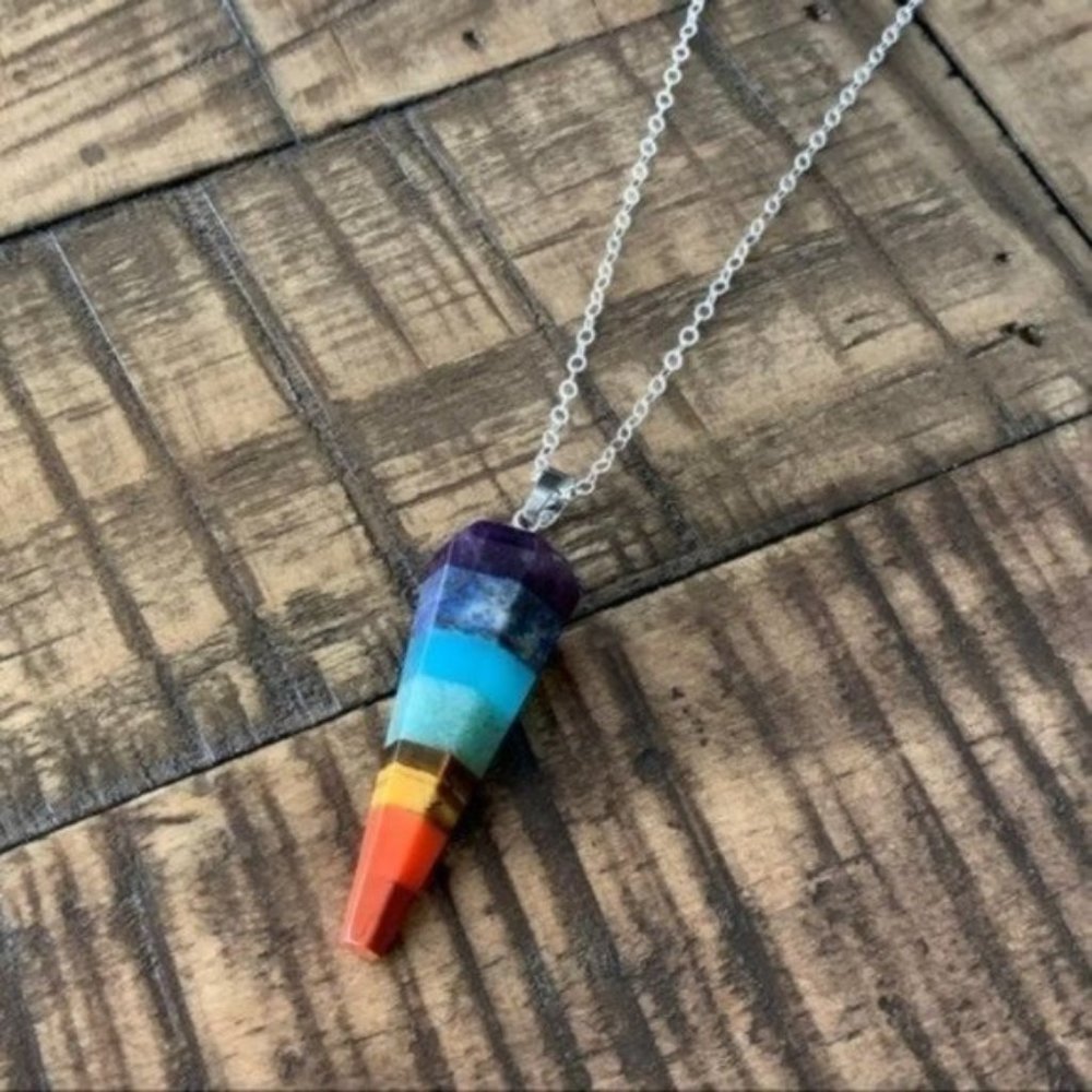Multi Stone Chakra Pendant Point Silver Necklace - Picture 1 of 3
